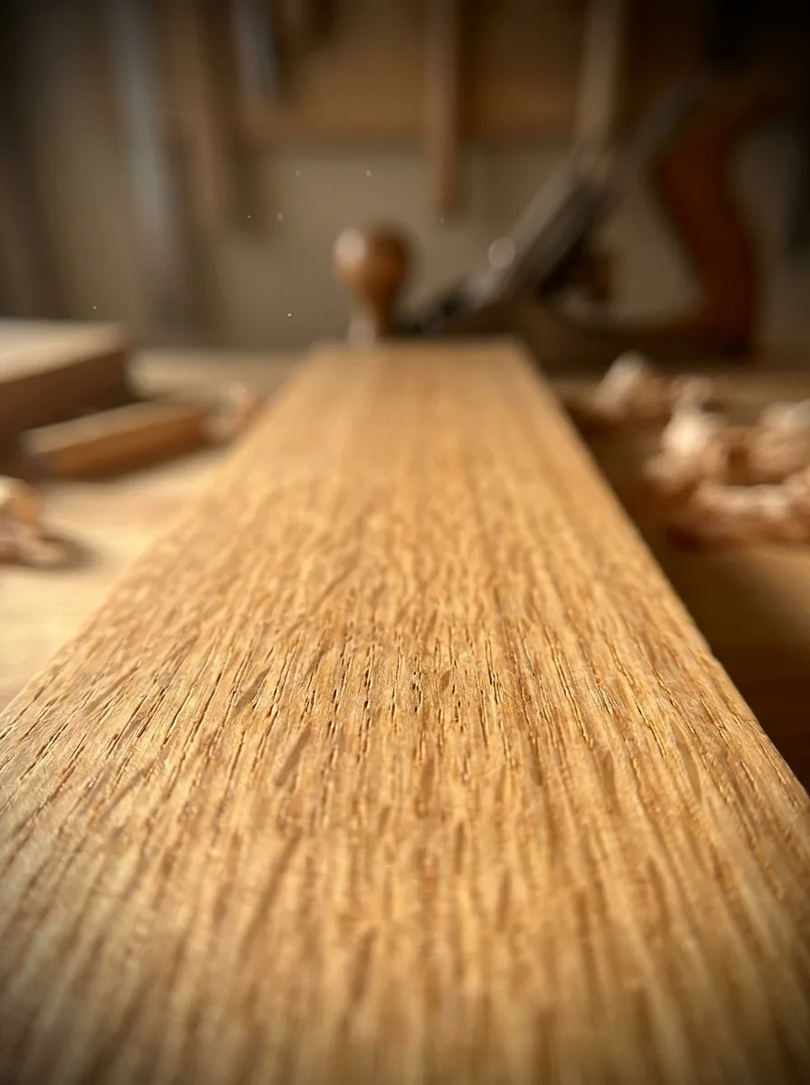 Macro photograph of an oak panel: the grain of the wood and the sanded edge in raking light.