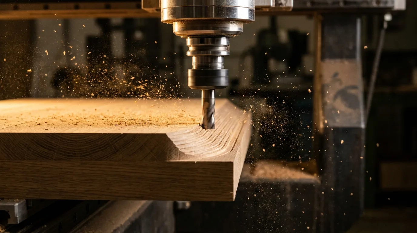 Close-up of machining on a CNC router: the cutter engaged in a panel, chips and cutting marks.